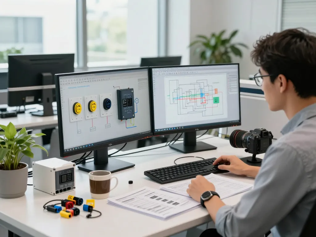 Hải Phòng Tech engineer reviewing automation sensors at a modern workstation with dual monitors and technical manuals.