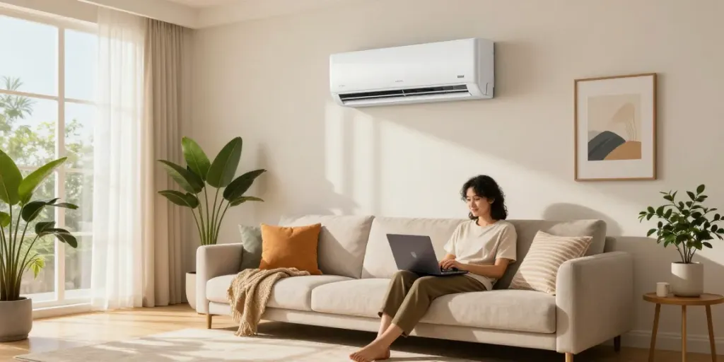 Cozy living room with a 12000 BTU mini split air conditioning unit, highlighting comfort and modern design.