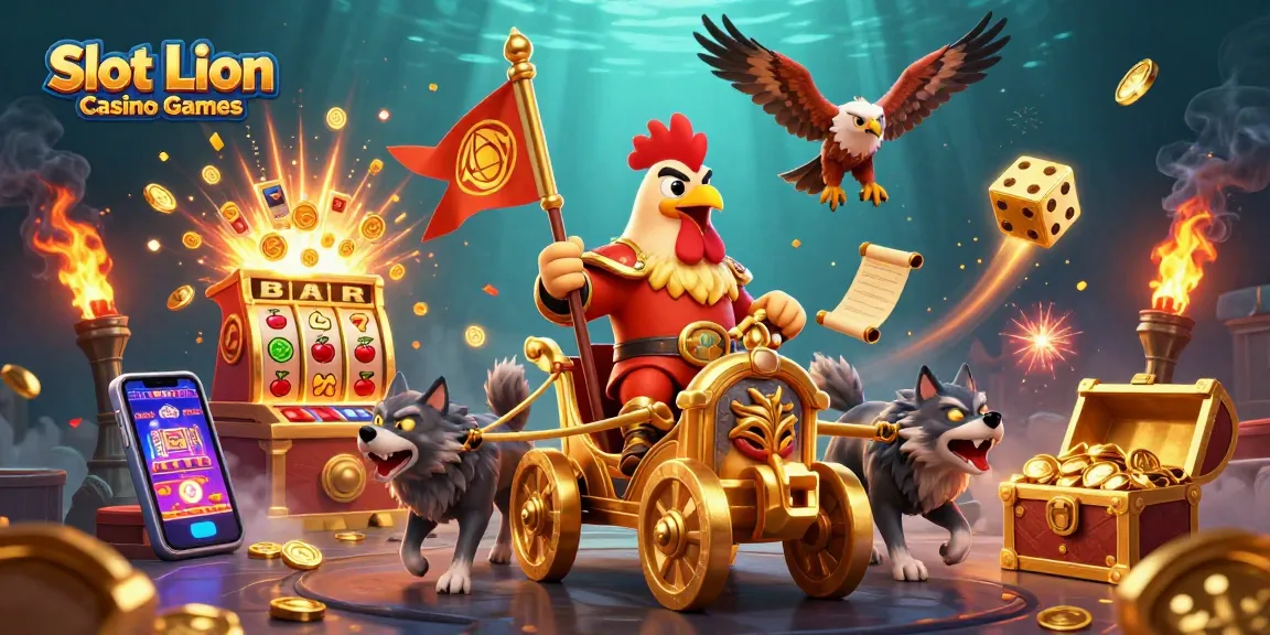 Spin and win with Slot Lion Casino Games featuring a roaring rooster, exciting jackpots, and vibrant slots.