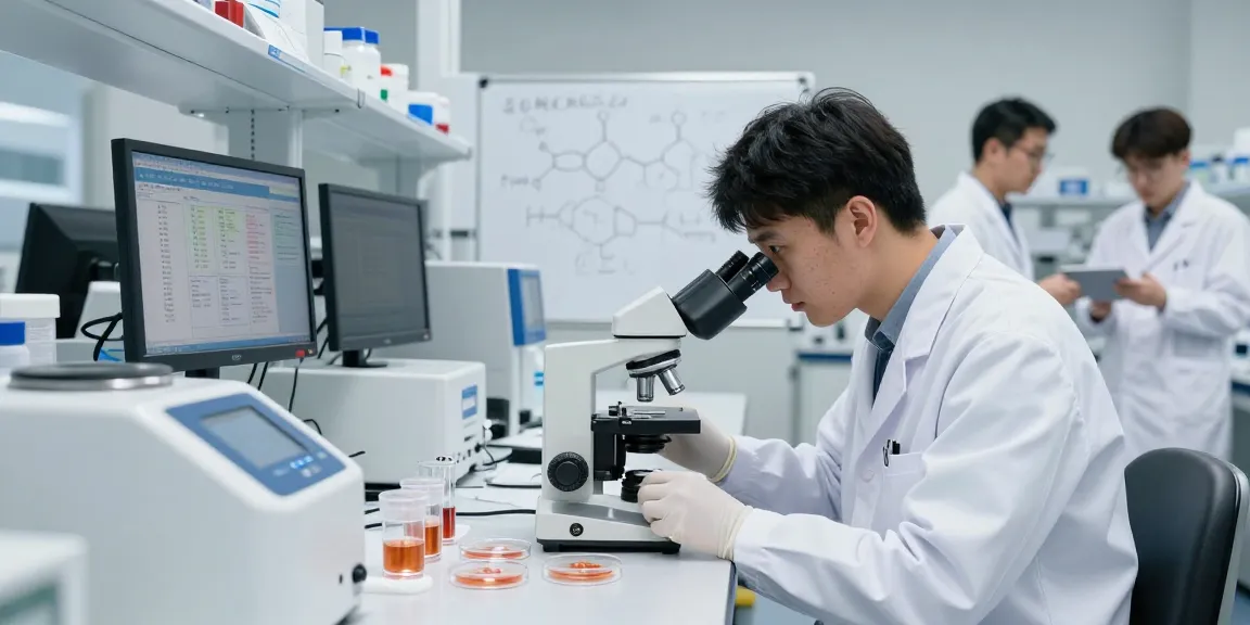 Copper peptide research in a modern lab, featuring scientists analyzing samples and data.