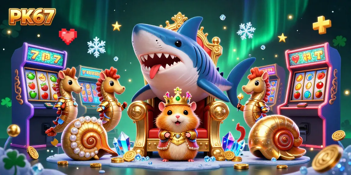 Join the fun at PK67 with a vibrant 3D casino scene featuring a hamster king and slot elements.