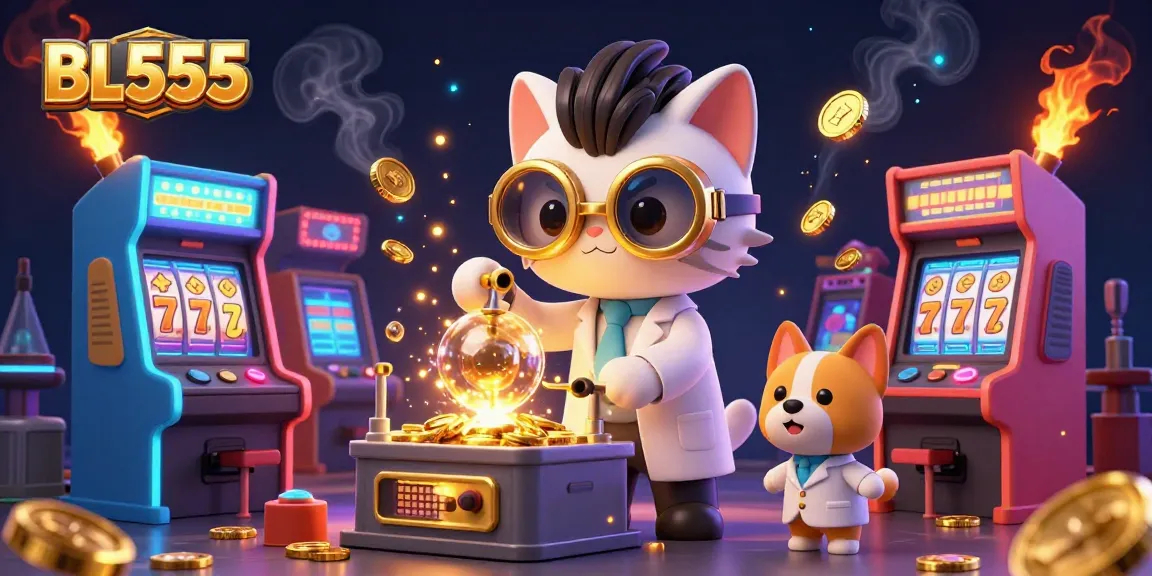 Engage with BL555's vibrant atmosphere as a mad scientist cat creates golden coins amidst arcade game excitement.