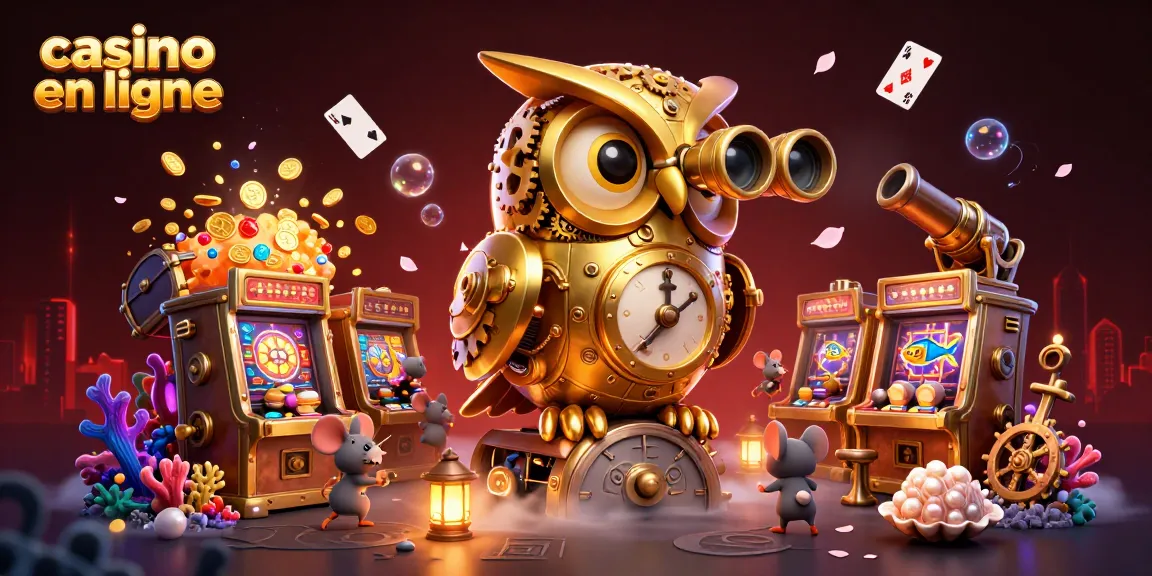 Plongée dans l'univers du casino en ligne avec des machines à sous entre un hibou doré et des souris animées.