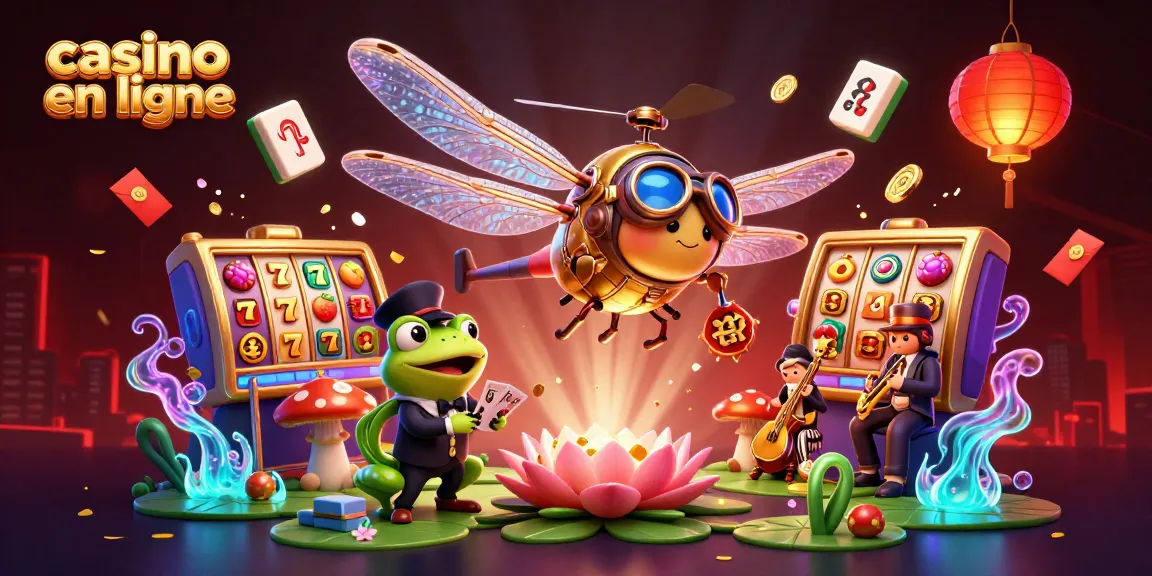 Illustration d'un dragon volant pilote et d'un croupier grenouille dans un casino en ligne, prêts à jouer