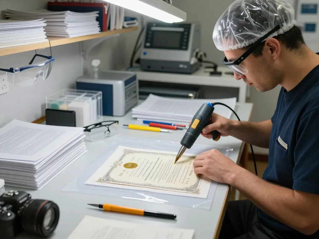 Tách lớp ép plastic process with a technician restoring important documents safely.