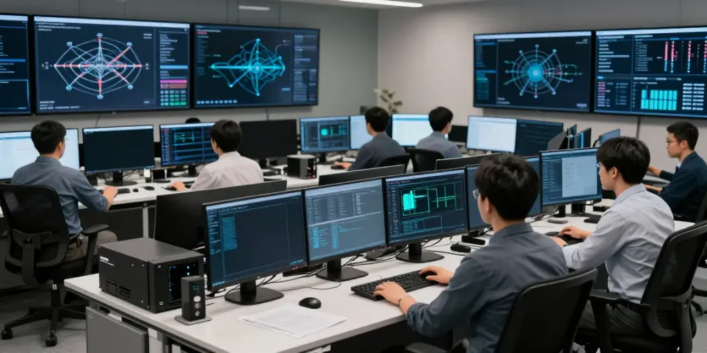 Network monitoring solution utilized by a diverse security team in a high-tech operations center, showcasing advanced monitoring dashboards and real-time analytics.