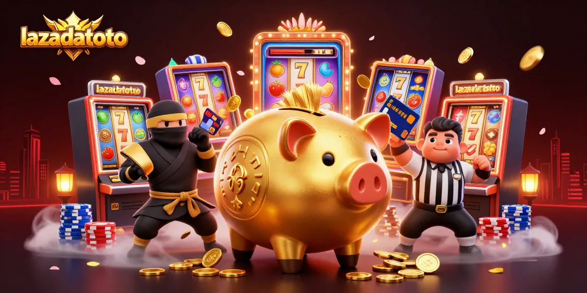Lazadatoto menampilkan piggy bank sumo luar biasa dalam ilustrasi 3D, mengalahkan jackpot permainan slot.