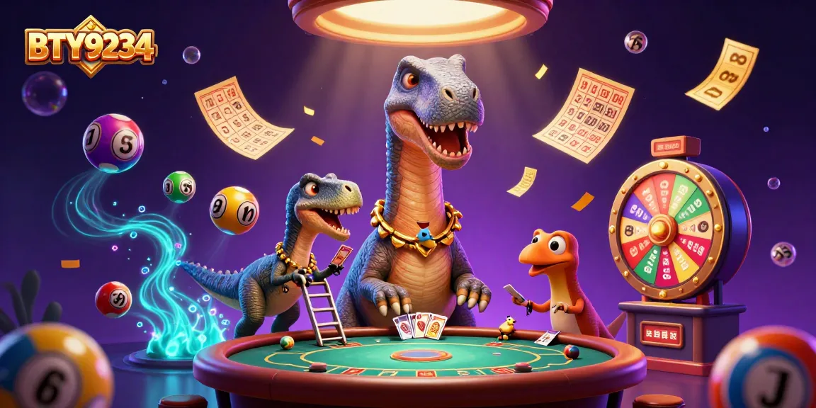 BTY9234 showcases a whimsical casino scene with a towering brontosaurus and a clever raptor dealing cards.