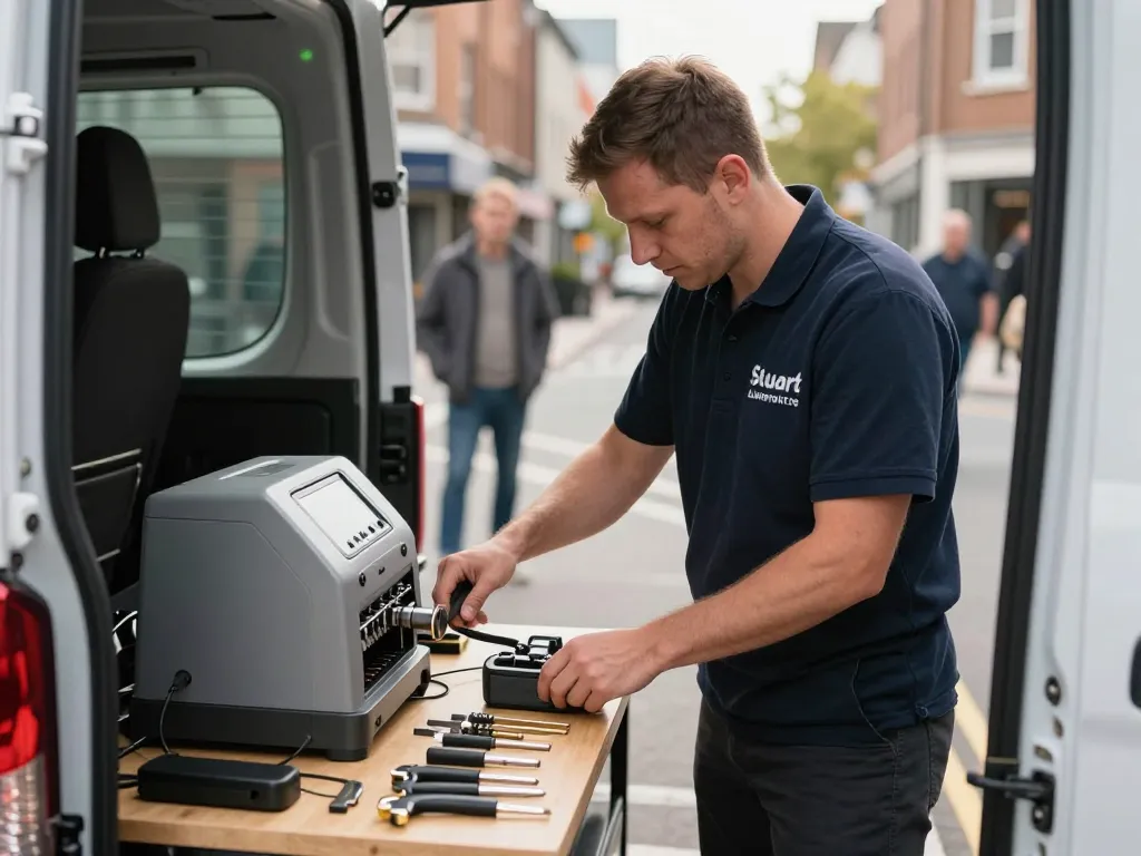 Stuart locksmith services provided by a professional locksmith assisting with emergency lockout in a service van