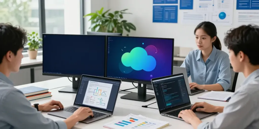 Engineers collaborating on microsoft azure cloud managed services in a vibrant office space.