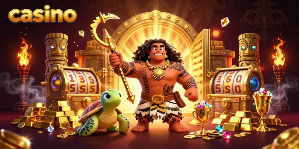 Experience the thrill of a casino with vibrant characters, gold treasures, and exciting slot reels!