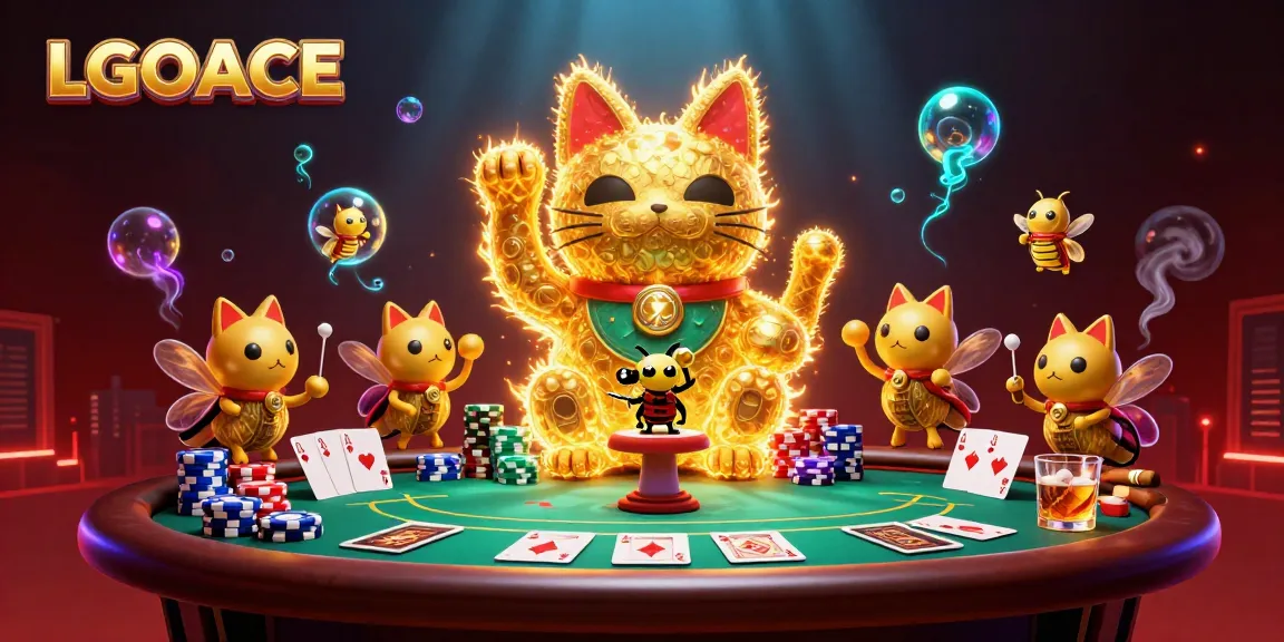 Engage with LGOACE’s dynamic poker scene featuring a lucky cat and vibrant casino elements.