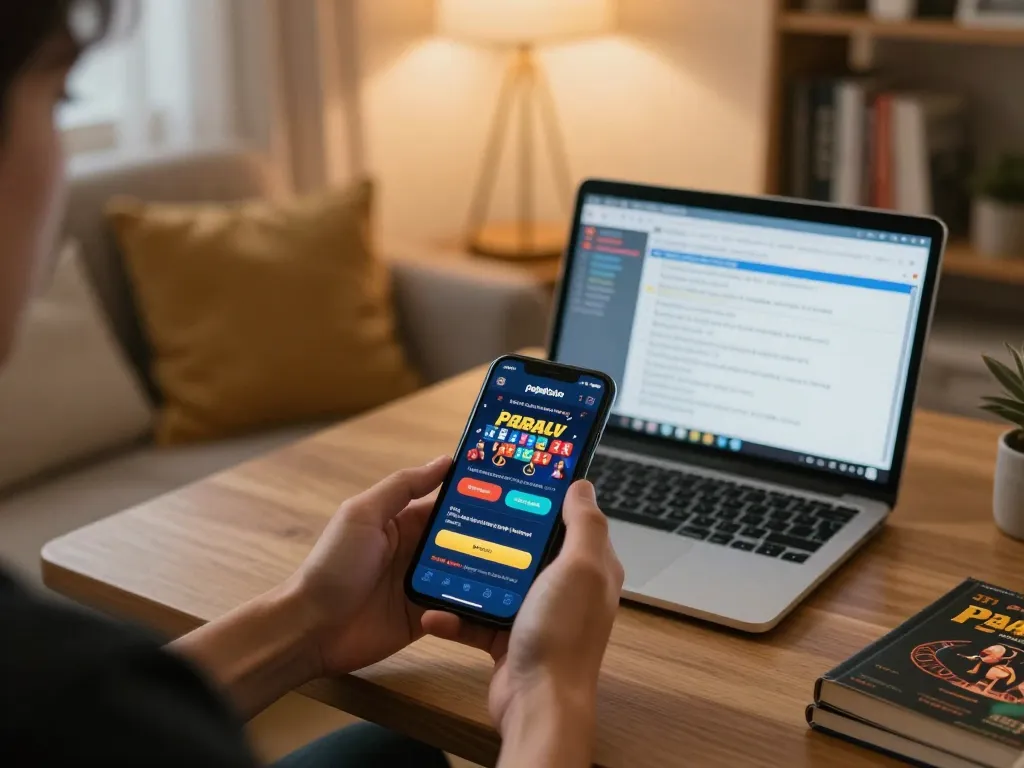 Engaging gameplay on pajaktoto app in a cozy home setting, showcasing mobile gaming excitement.