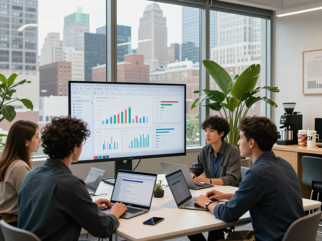 Local SEO NYC professionals collaborating in a modern workspace, analyzing strategies.