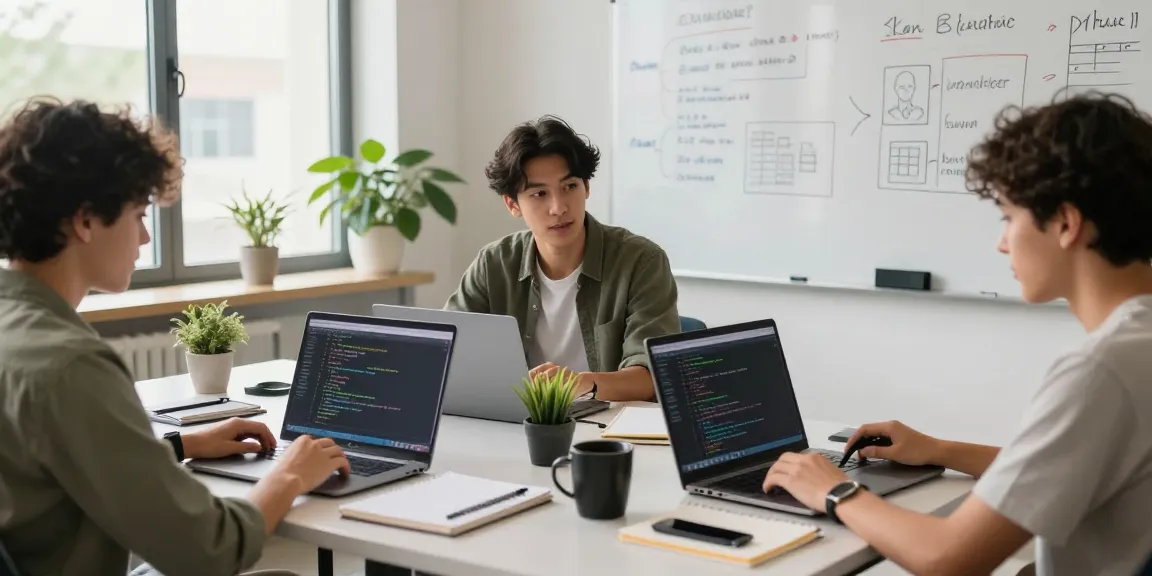 Students learning in an Android development course with Kotlin at a collaborative workspace.
