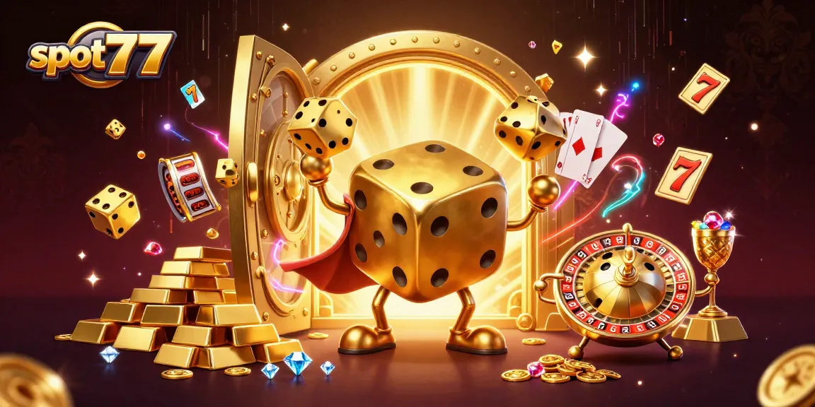Experience excitement with slot777 as golden dice and jewels surround a thrilling casino scene.