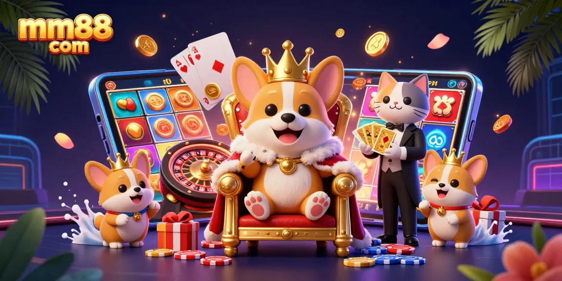 Engage with mm88 com through this vibrant 3D illustration showcasing a royal corgi in a lively casino atmosphere, presenting dynamic gaming elements.
