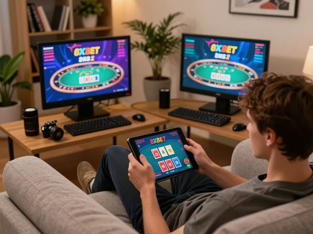 Engaging in live dealer games on 8xbet with a cozy home setup, showcasing responsible gaming.