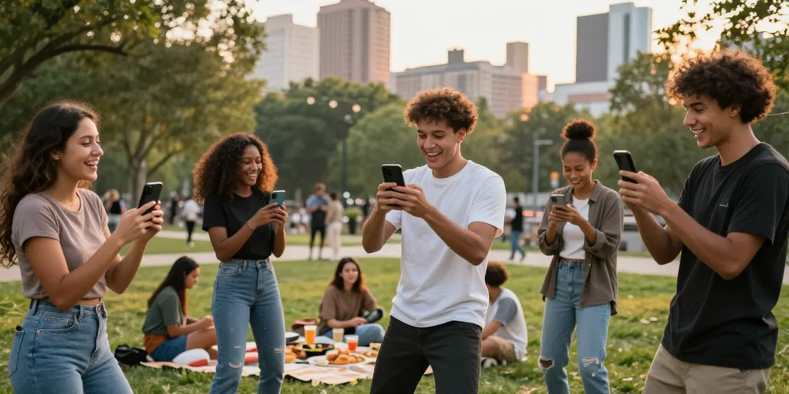 People engaging with TikTok, illustrating what makes people follow you on TikTok in a vibrant city park atmosphere.