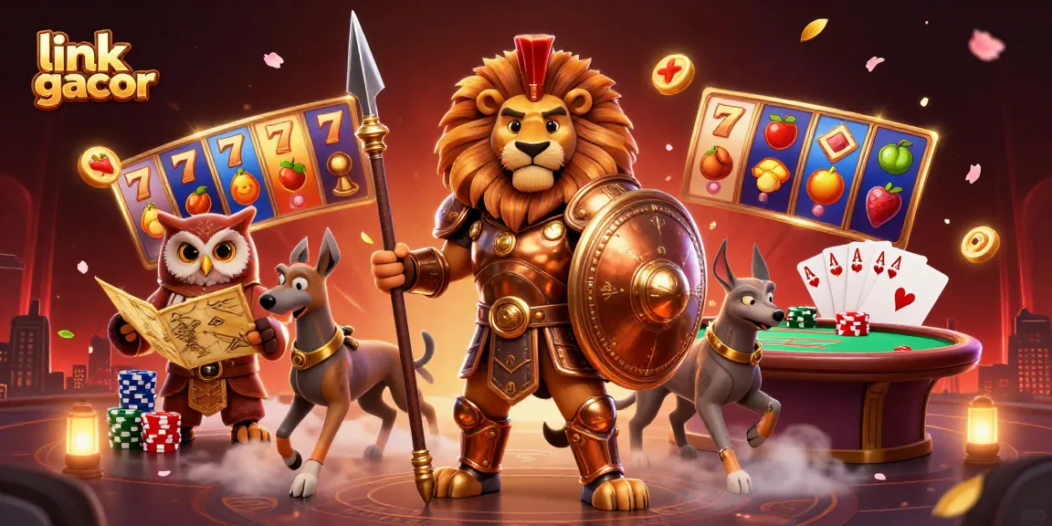 Engage with link gacor through a dynamic casino scene featuring slot machines, poker elements, and a dramatic setting.