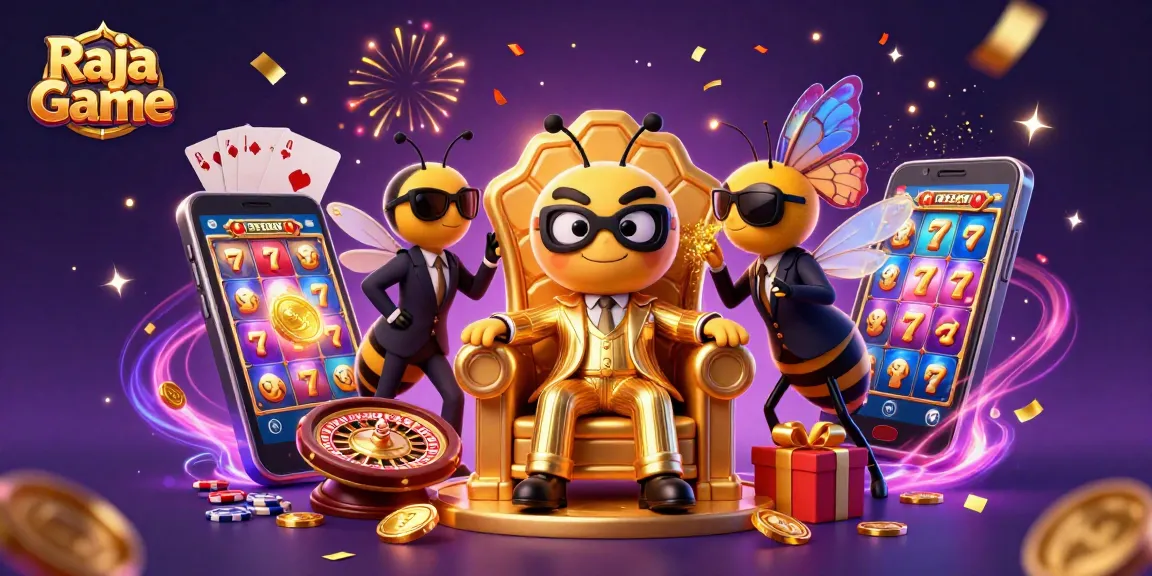 Play exciting games on Raja Game with a vibrant casino scene featuring colorful slot games and rewards.
