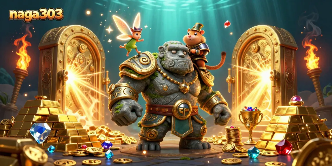 Naga303 players spinning reels of vibrant slot games surrounded by treasure and magic.