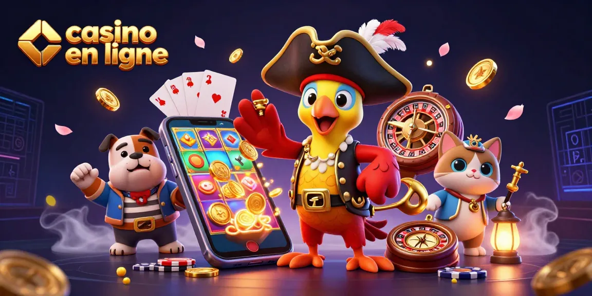 Illustration dynamique du casino en ligne avec un pirate, un bulldog et un chat, entourés d'éléments de jeu.