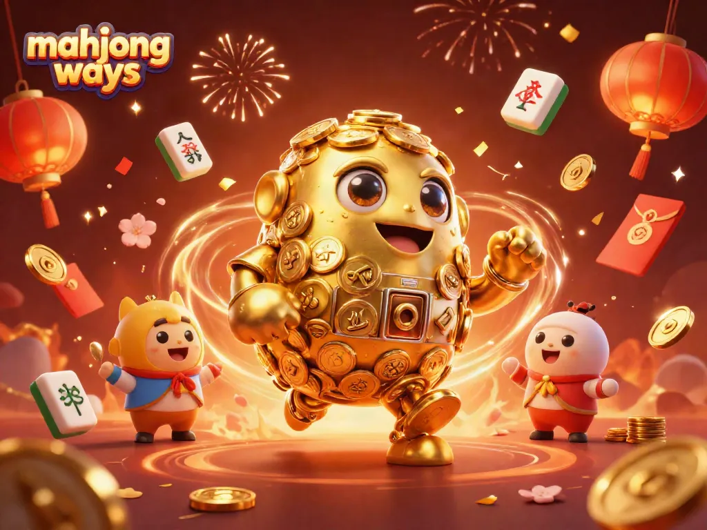 Engage in mahjong ways with a golden golem amidst festive game elements, depicting excitement and winning opportunities.