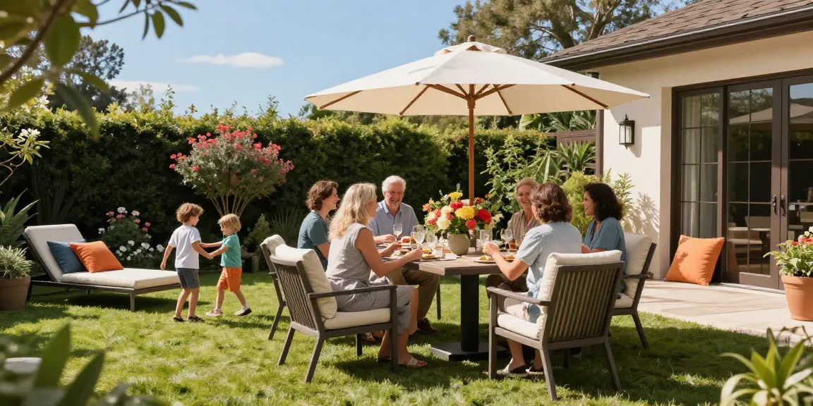 Patio furniture sale featuring a joyful family dining together amidst stylish outdoor furniture.