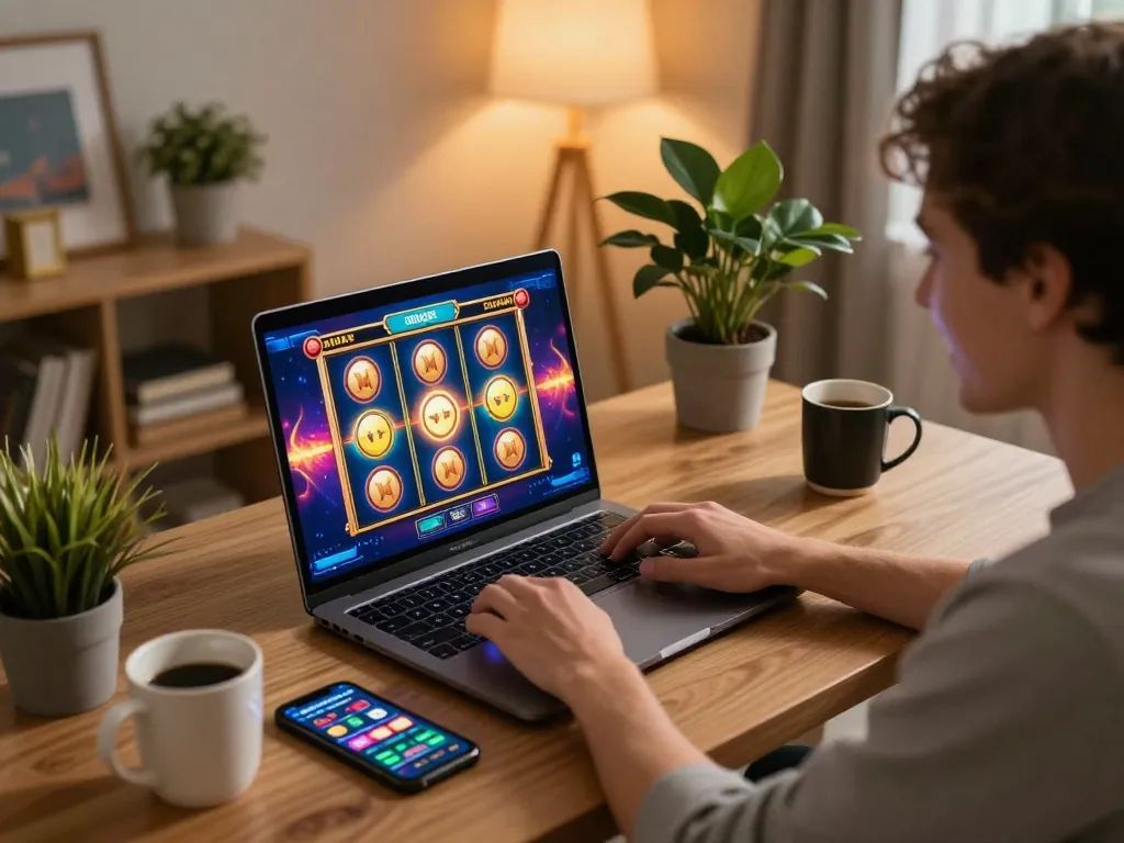 Engaging player enjoying online slots at home, showcasing 888newcasino com gaming interface