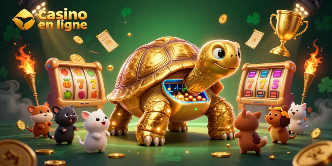 Jouez à casino en ligne avec un énorme personnage de tortue accompagné de jeux de machines à sous.