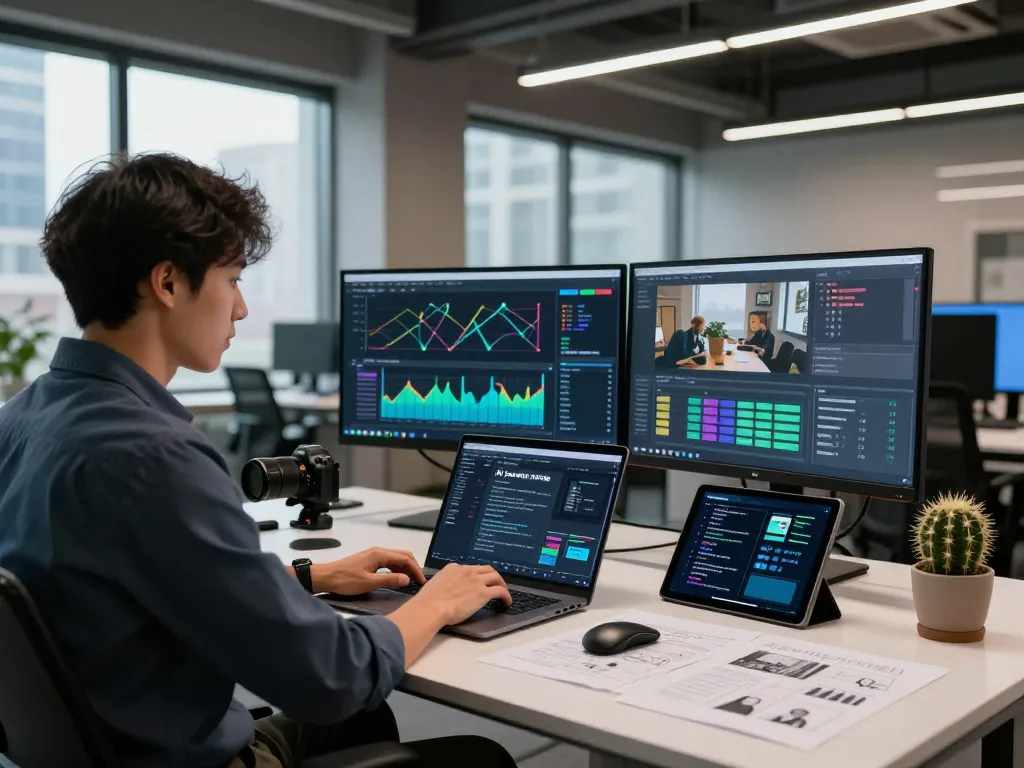 Analyzing video content with video to prompt ai technology in a modern office.