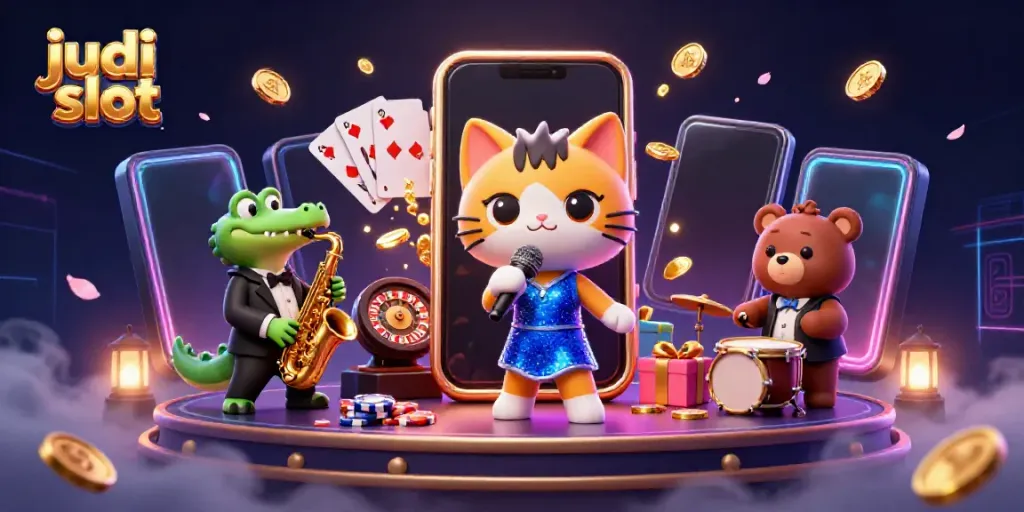 Gambarkan aksi judi slot dengan kucing penyanyi jazz dan karakter menarik di kasino.
