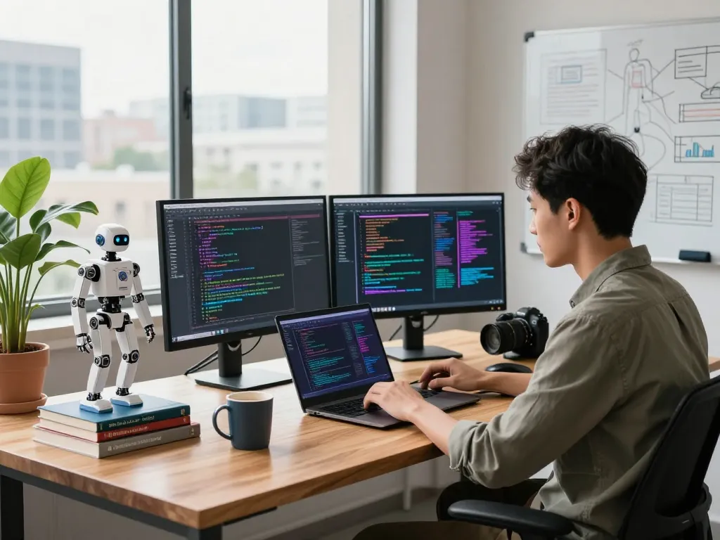 Developer using openclawd AI tools at a modern workspace with dual monitors and coding books.