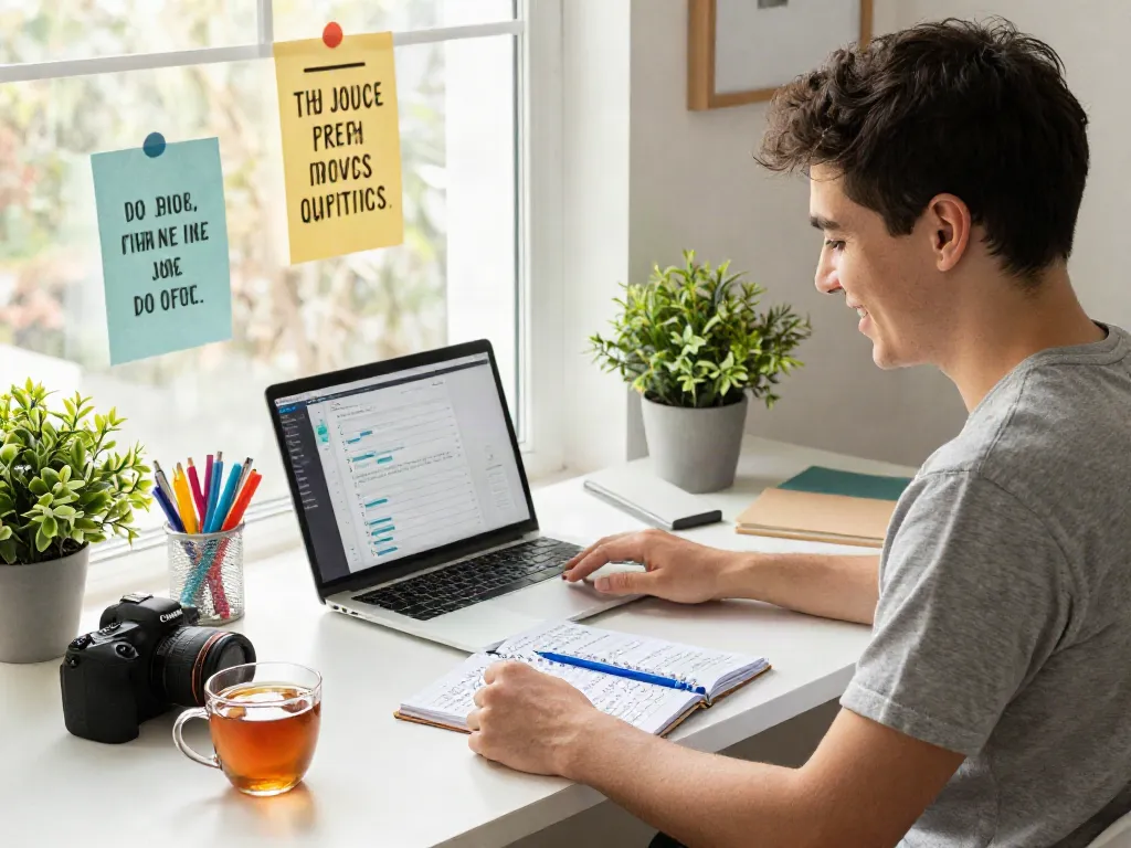 A young person embodies a positive attitude at their inspiring workspace with goal-setting tools and motivational elements, embodying the spirit of rokok88.