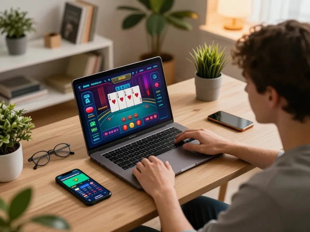 Engaging moment of a user playing ax88 online poker on a laptop, showcasing vibrant game graphics and a comfortable home environment.