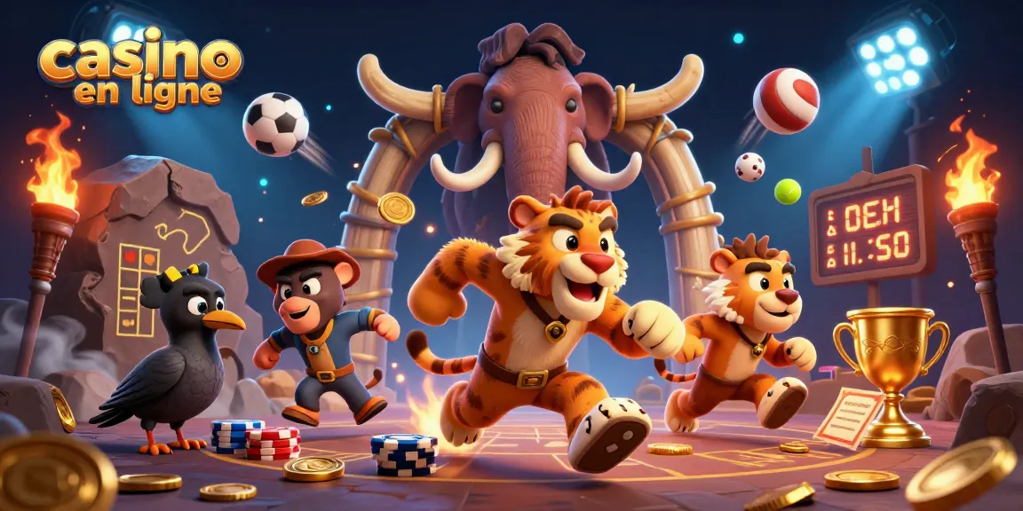 Illustration d'un casino en ligne préhistorique avec des personnages colorés et des éléments de jeu dynamiques.
