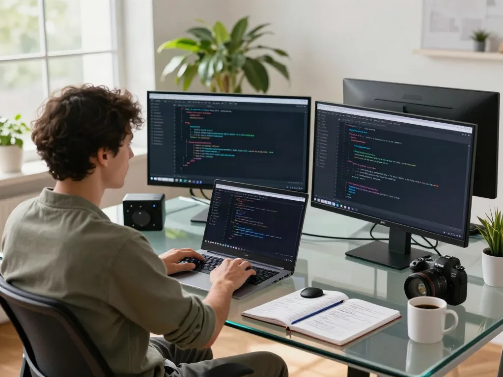 Developer working in a high-tech workspace on v2rayN官网 with multiple monitors and coding projects.