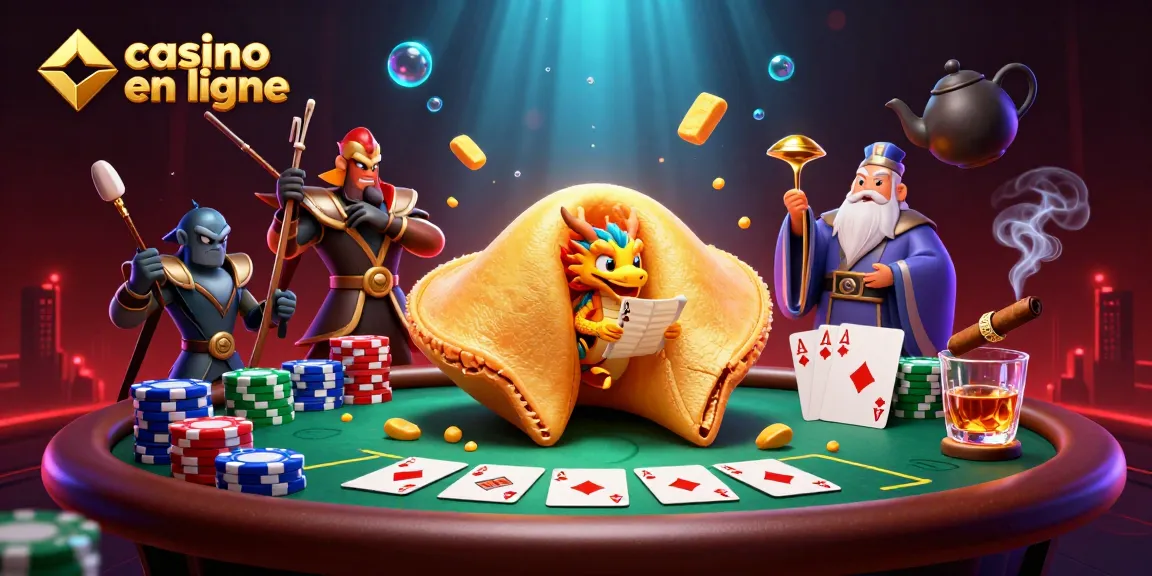 Visualisez une scène captivante de casino en ligne avec une illustration d'un cookie fortune doré et un dragon sage.