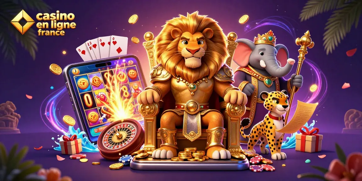 Découvrez le roi lion sur un trône de pièces dans un casino en ligne en France, entouré d'un éléphant et d'une guépard.