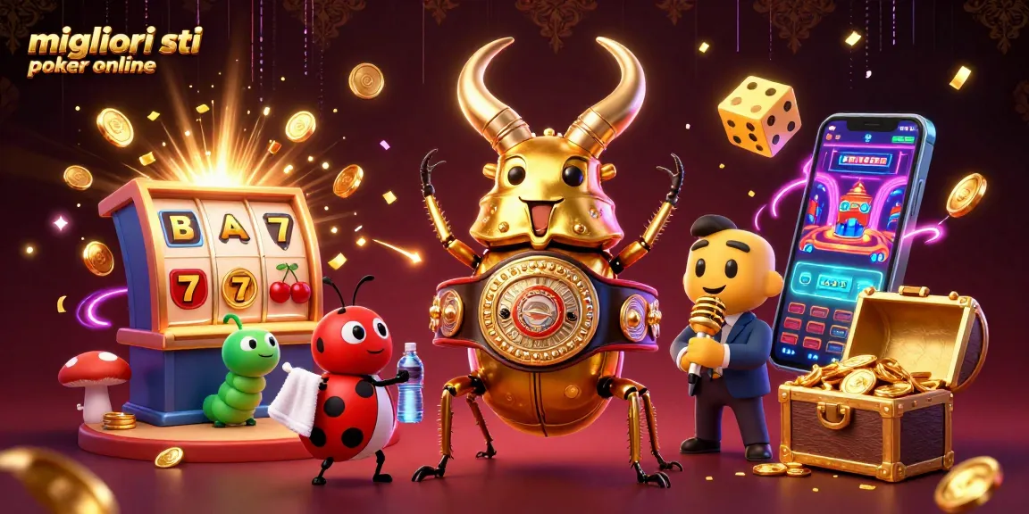 Migliori siti poker online: scena dinamica con un rinoceronte dorato, una coccinella e un bruco nel mondo del poker.