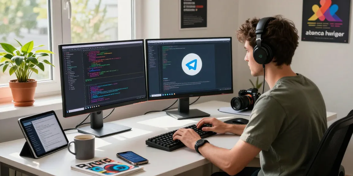 Programming at telegramin-cn.com with a modern setup featuring dual monitors and tech gadgets in a bright workspace