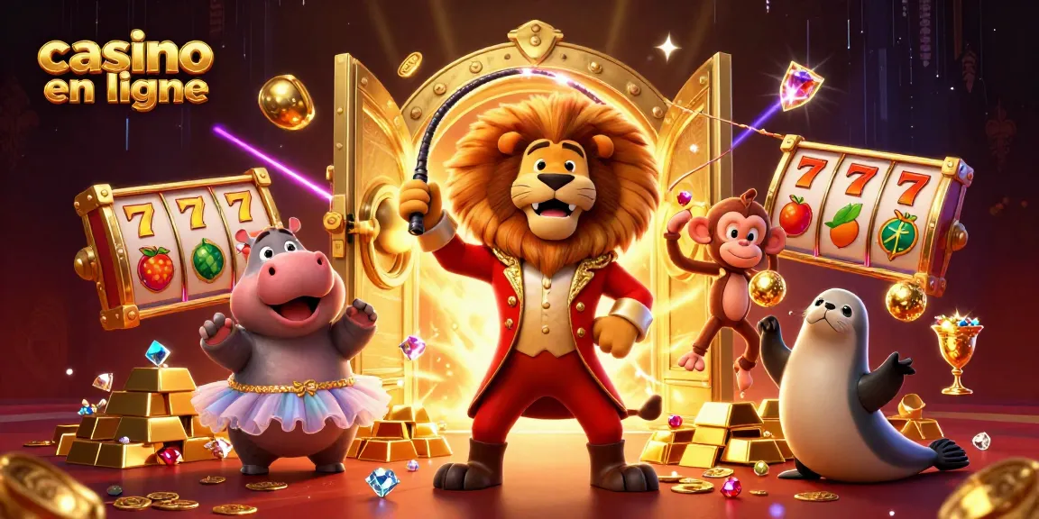 Illustration d'un lion maître de cirque et animaux de casino en ligne entourés de trésors scintillants.