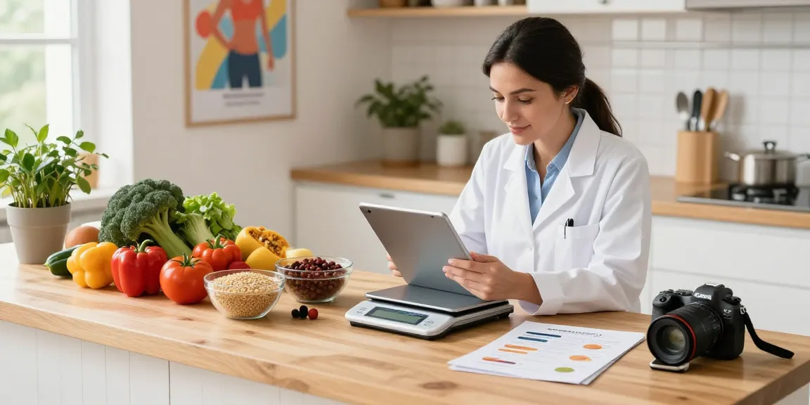 Dietitian using the best macro tracker app in a vibrant kitchen surrounded by fresh ingredients.