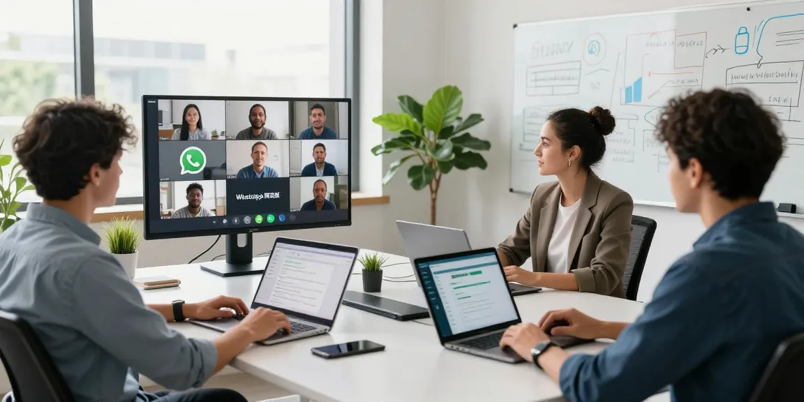 Team discussing WhatsApp網頁版 features in a modern office during a video call.
