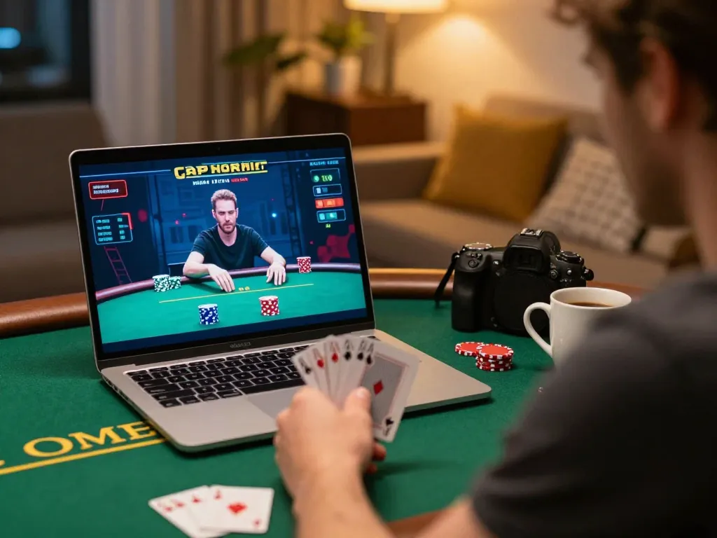 Engaging online poker gameplay on laptop while exploring trang chủ mb66 gaming strategies at home.