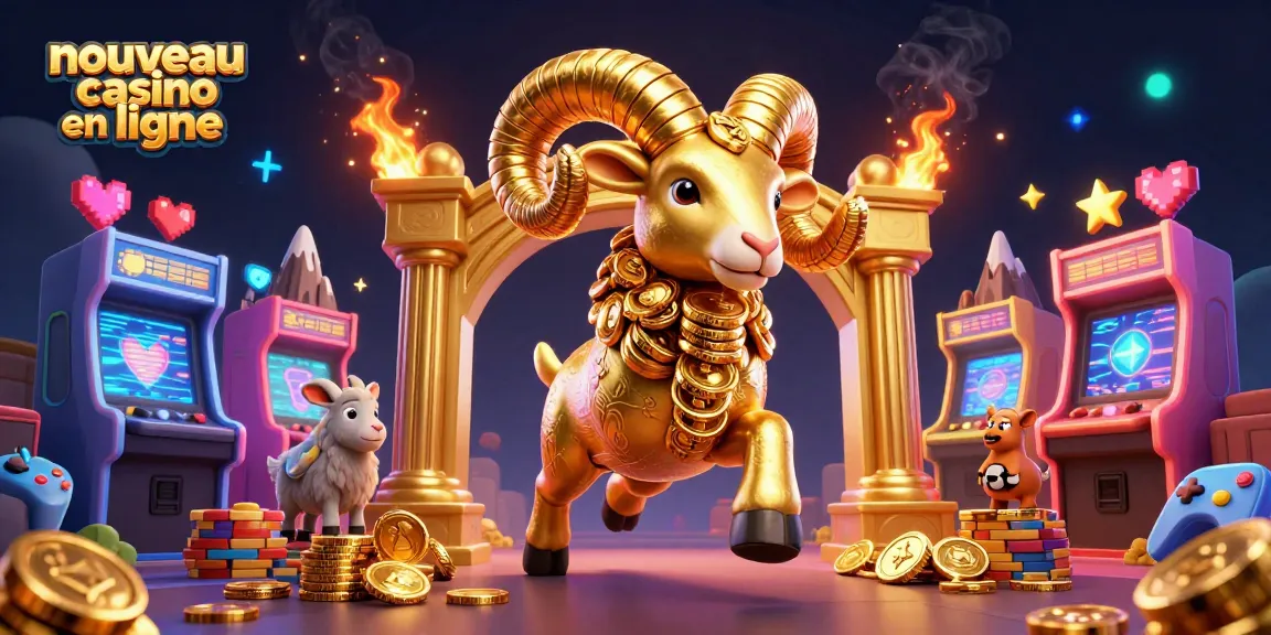 Image dynamique d'un nouveau casino en ligne avec un bélier en or et des éléments de jeu colorés.