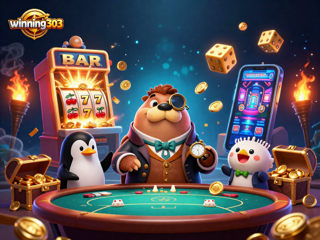 Winning303 showcases a jolly walrus playing poker amidst thrilling casino elements and vibrant characters.