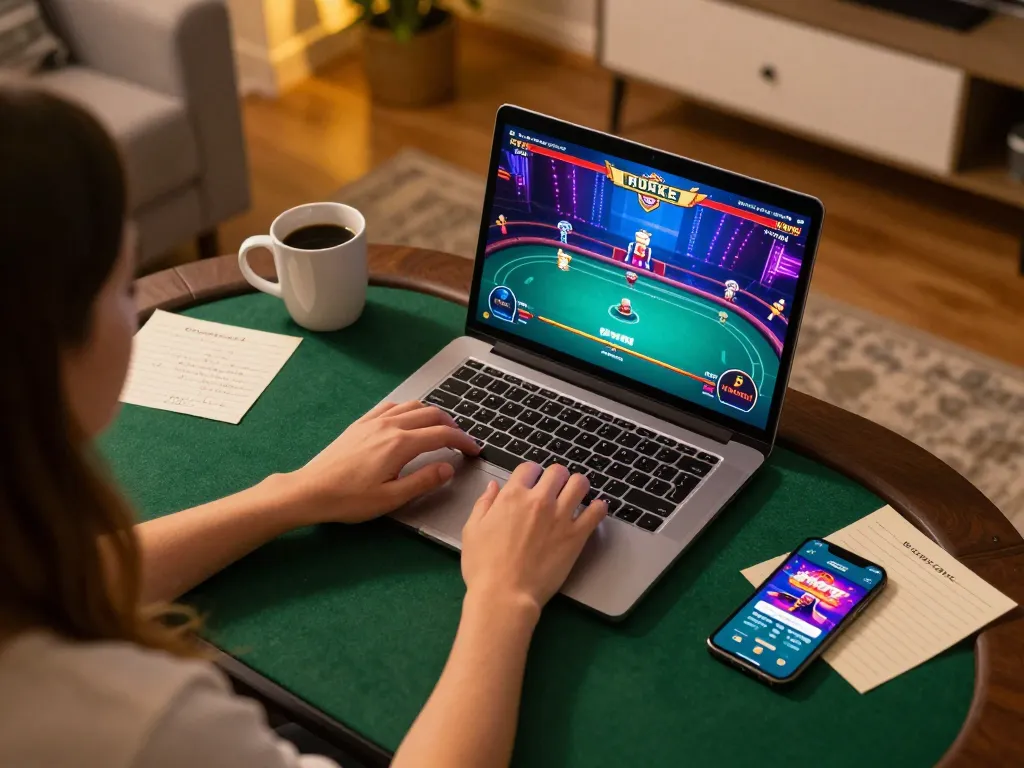Player enjoying an online poker game on laptop, showcasing 789win77 casino atmosphere and strategy.