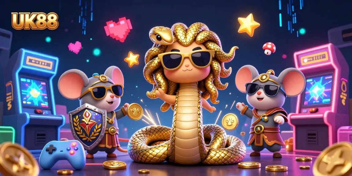 Join the excitement at UK88 with a vibrant 3D scene showcasing gaming action and iconic characters.